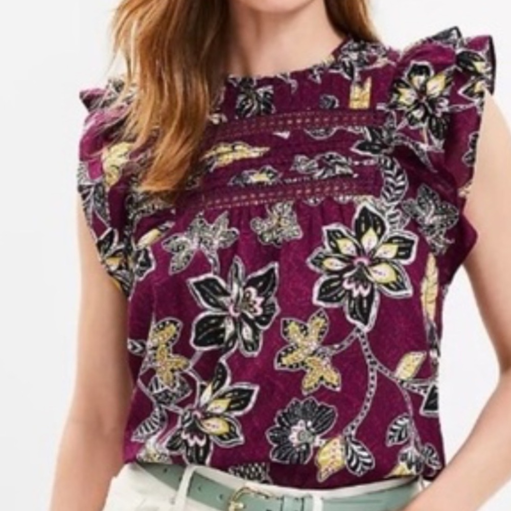 Loft Floral Ruffle Sleeve Top - Purple
